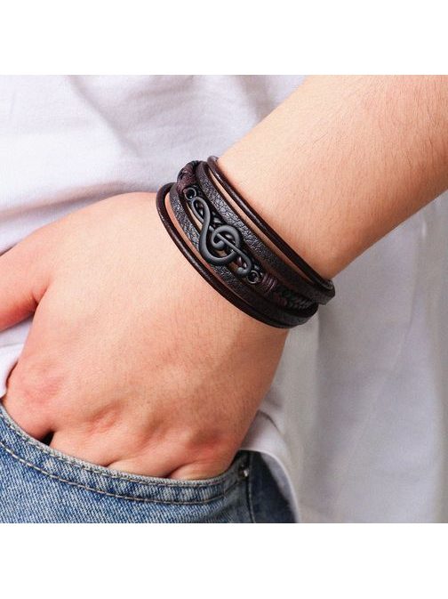 Pánsky kožený náramok s husľovým kľúčom - hnedý