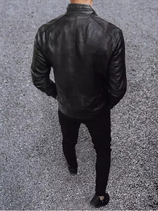 Štýlová koženková bunda v čiernej farbe bez kapucne