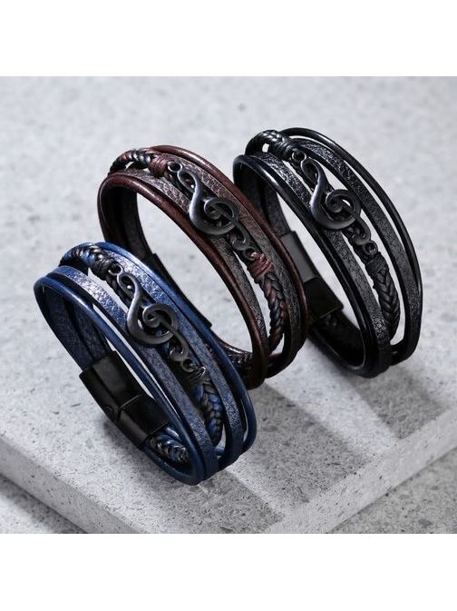 Pánský kožený náramek s houslovým klíčem - černý