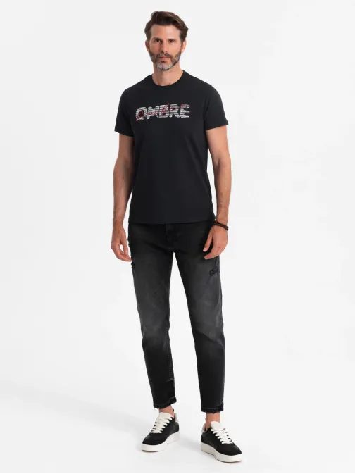 Trendy čierne bavlnené tričko s nápisom V2 TSPT-0211
