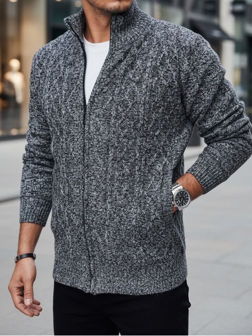 Trendy vzorovaný šedý pánsky sveter