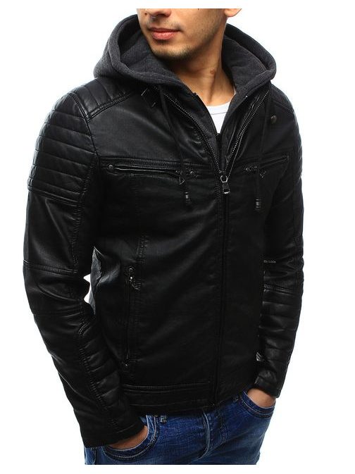 Štýlová čierna koženková bunda s kapucňou