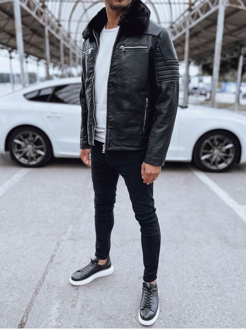 Čierna koženková bunda s výraznou čiernou kožušinkou