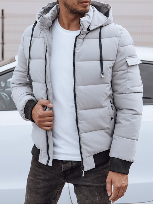 Moderná šedá zimná bunda s kapucňou