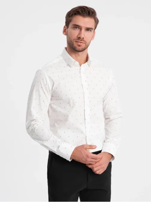 Zaujímavá biela košeľa s trendy vzorom V3 SHCS-0156