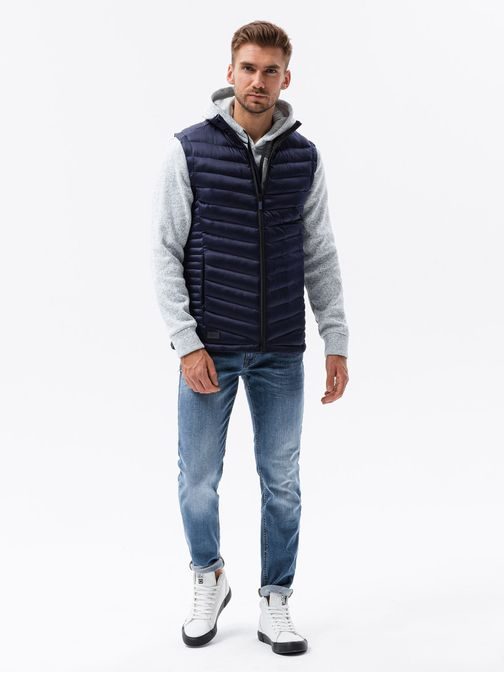 Tmavo-modrá prešívaná vesta bez kapucne V54