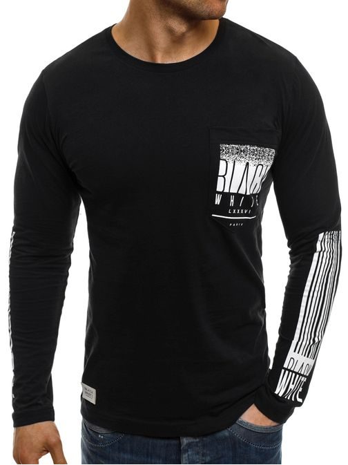 Čierne tričko s dlhým potlačeným rukávom BLACK WHITE 1110
