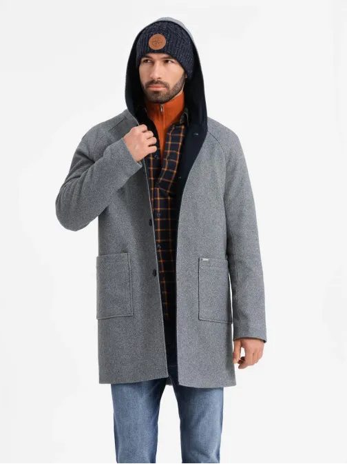 Šedý dlhý kabát s kapucňou V1 COWC-0122