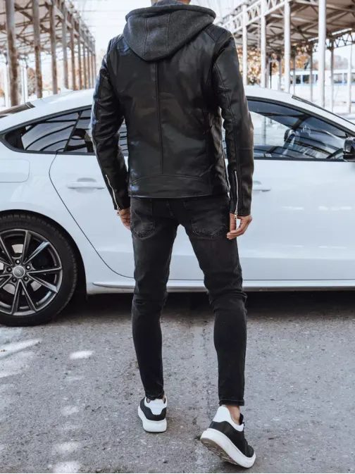 Trendy čierna koženková bunda s kapucňou