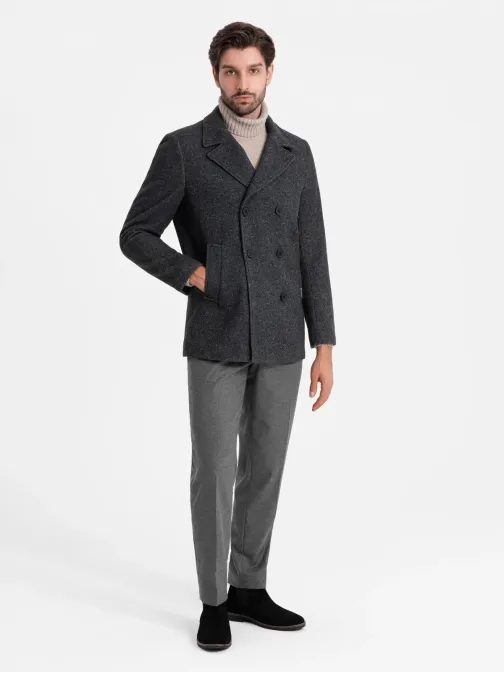 Trendy grafitový pánsky kabát zaujímavého strihu  V1 COWC-0115