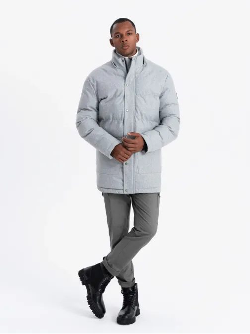 Nadčasová prešívaná svetlošedá pánska bunda V3 JALJ-0217