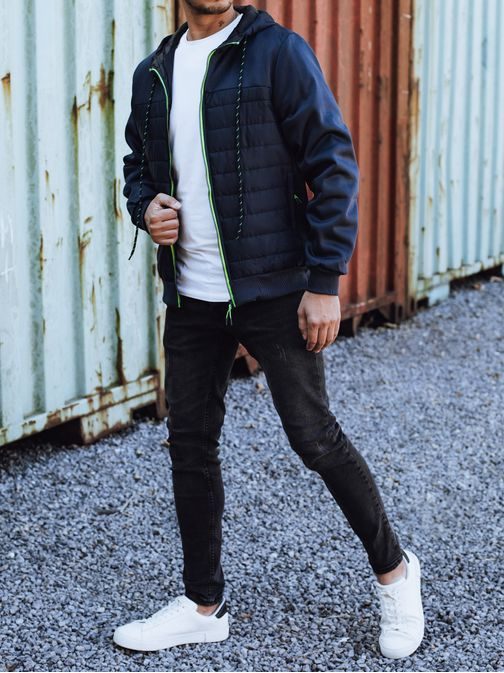 Prešívaná pánska prechodná bunda s výrazným zipsom modrá