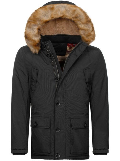 Zateplená zimná bunda v čiernej farbe s kožušinovou kapucňou J.STYLE 3065