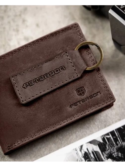 Hnedý kožený set Peterson - peňaženka a kľúčenka