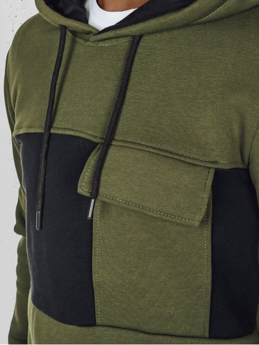 Zaujímavá khaki mikina s vreckom a s kapucňou