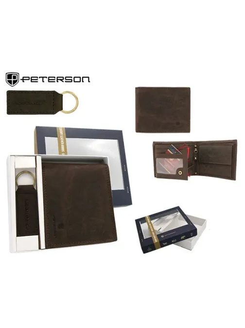 Módny tmavohnedý kožený set - peňaženka a kľúčenka