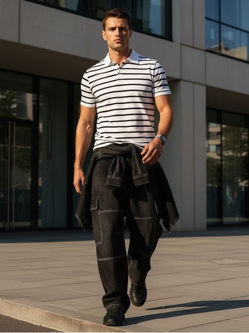 Módna biela pánska polokošeľa s pásikovým vzorom