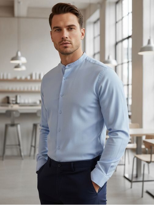 Nadčasová modrá pánska košeľa so stojačikom