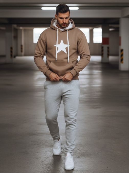 Kamelová pánska mikina s potlačou a s kapucňou