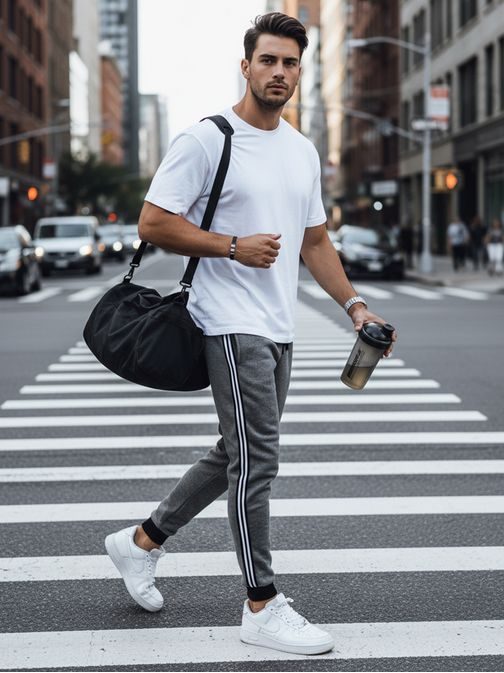 Pánske grafitové tepláky s ozdobným pásom