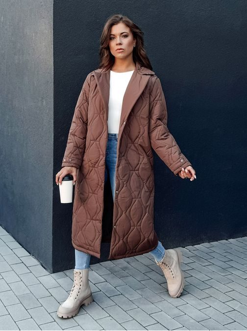 Dámsky dlhý prešívaný hnedý kabát Trendify