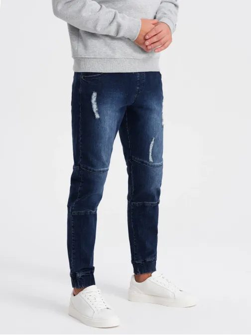 Trendy tmavomodré rifľové joggery s ozdobnými odreninami V1 PADJ-0153
