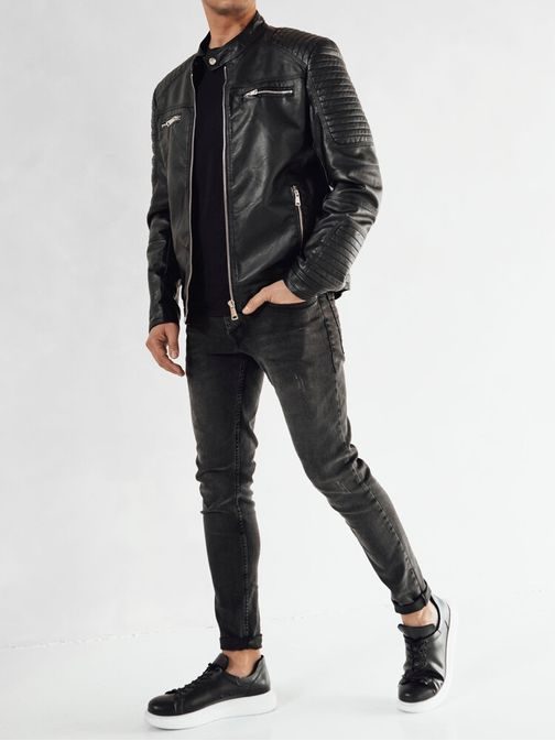 Čierna kožená bunda s výrazným zipsom