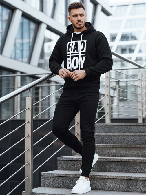 Parádna čierna pánska mikina s potlačou a s kapucňou