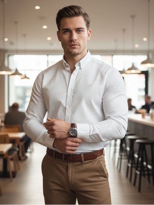 Biela slim fit pánska košeľa so originálnym vzorom