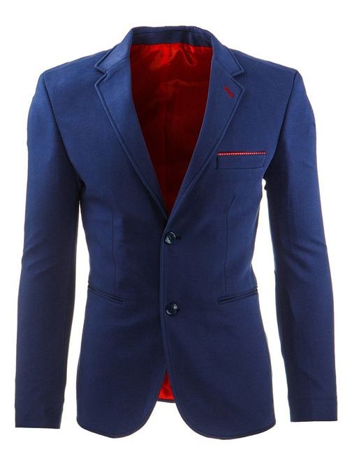 Elegantné modré pánske sako s červenými doplnkami