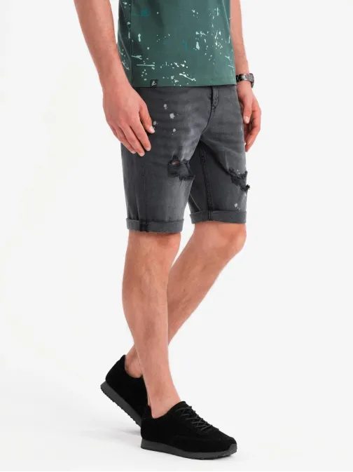Moderné šedé rifľové kraťasy s odreninami V3 SRDS-0186