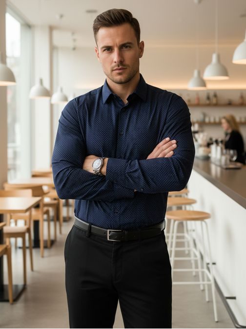 Granátová slim fit košeľa so originálnym modrým vzorom