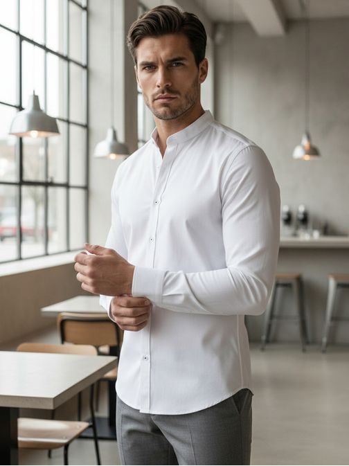 Nadčasová biela pánska košeľa so stojačikom