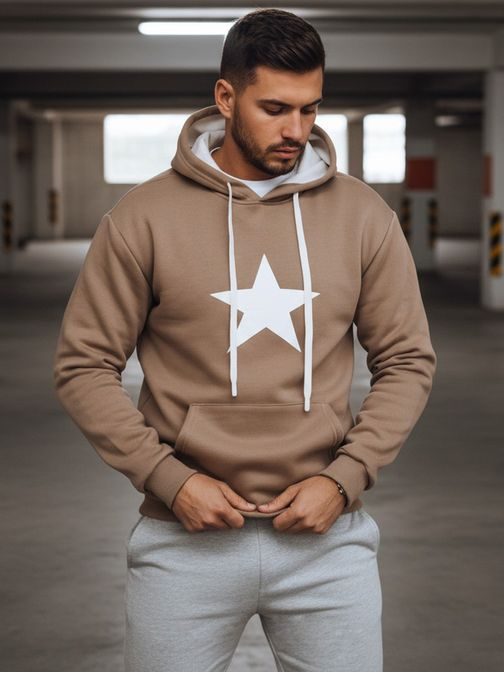 Kamelová pánska mikina s potlačou a s kapucňou