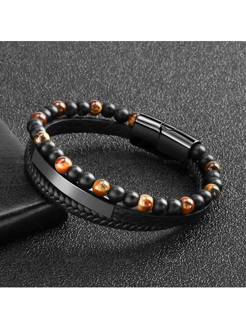 Štýlový pánsky viacvrstvový náramok z kože a korálok – čierny