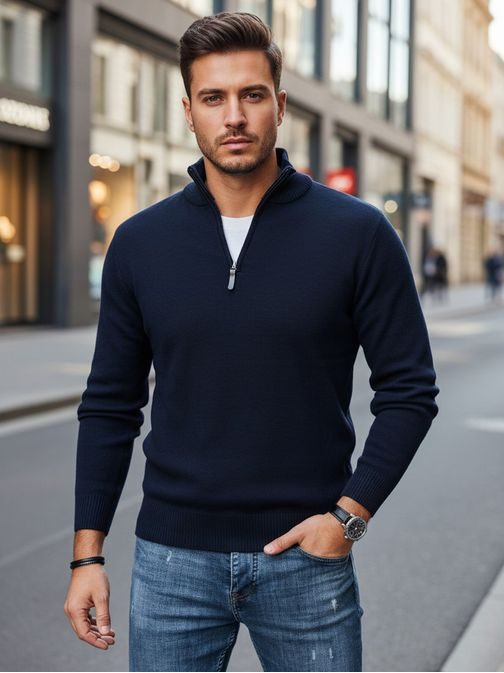 Moderný tmavomodrý pánsky sveter so zipsom