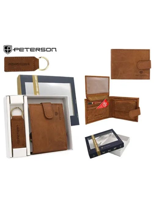Svetlohnedý kožený set Peterson - peňaženka + kľúčenka