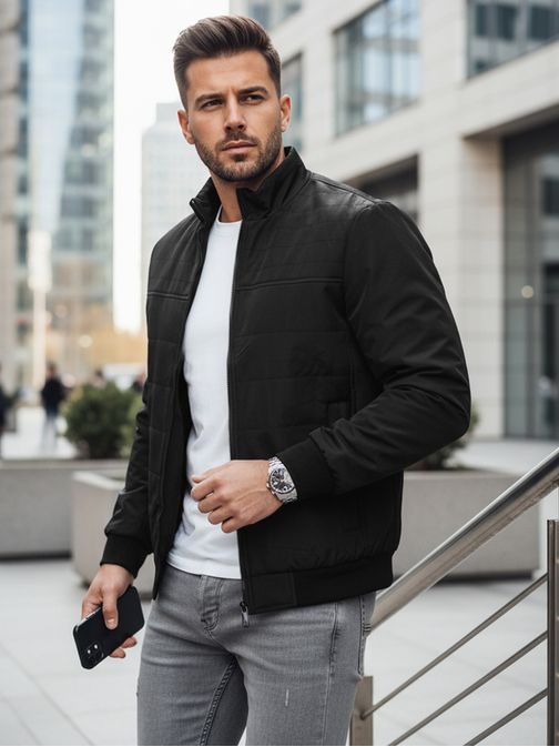 Prechodná moderná čierna bunda bez kapucne