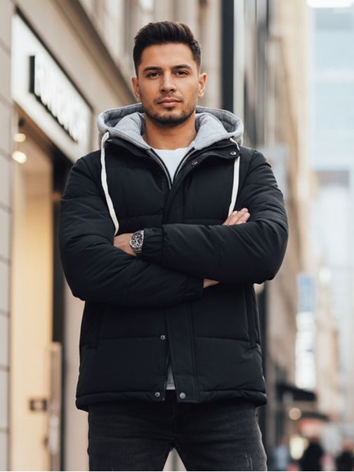 Zaujímavá tmavomodrá zimná bunda s kapucňou