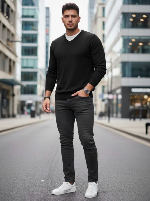 Základný čierny pánsky sveter s v-výstrihom