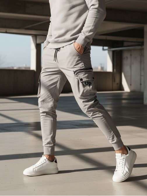 Trendy šedé pánske kapsáčové joggery UP