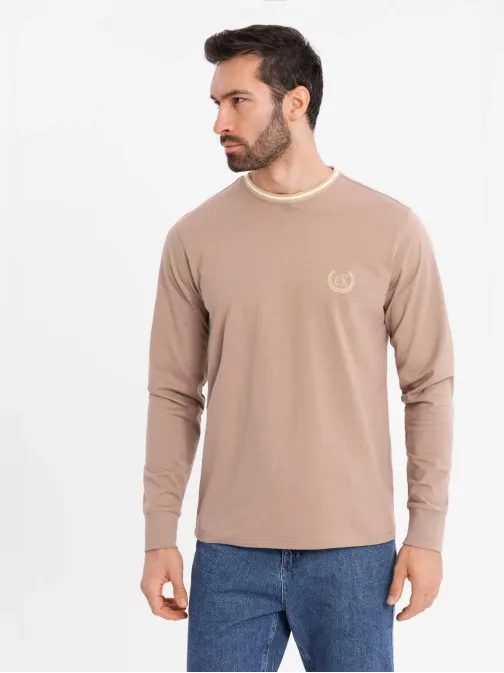 Moderné hnedé tričko s dlhým rukávom a s logom V6 LSCL-0128