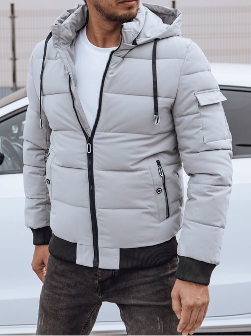 Moderná šedá zimná bunda s kapucňou