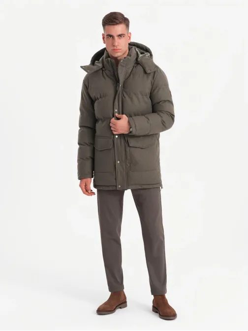 Nadčasová prešívaná olivová pánska bunda V4 JALJ-0217