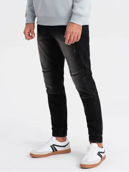 Trendy čierne rifľové joggery s ozdobnými odreninami V2 PADJ-0153