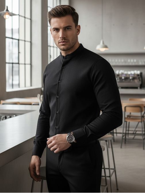Nadčasová čierna pánska košeľa so stojačikom