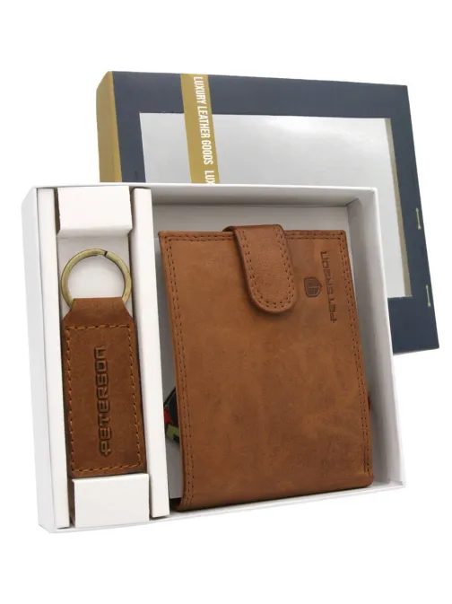 Svetlohnedý kožený set Peterson - peňaženka + kľúčenka