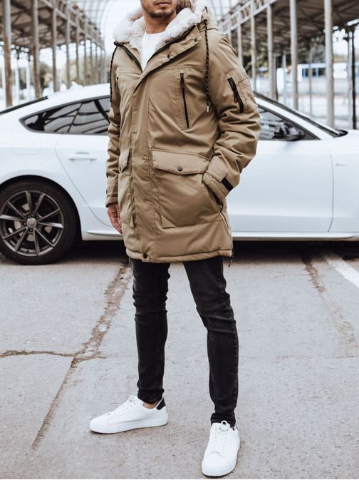 Hrejivá tmavobéžová pánska dlhá bunda