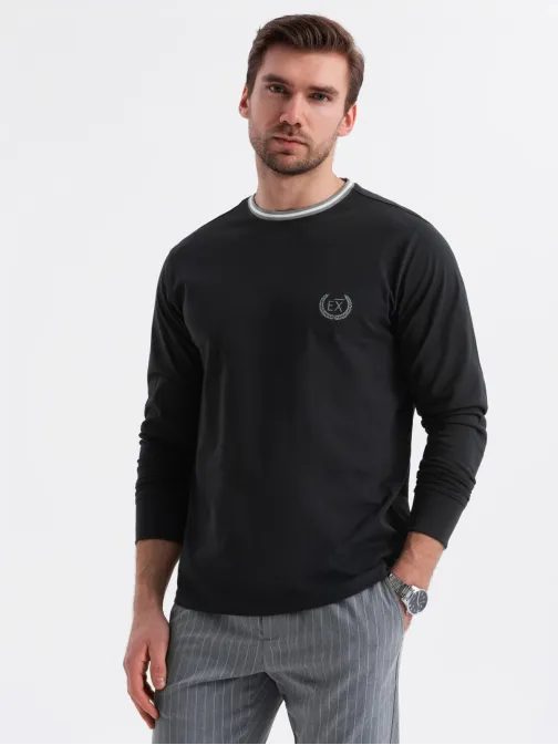 Moderné čierne tričko s dlhým rukávom a s logom V4 LSCL-0128