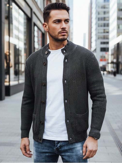 Štýlový šedý sveter pre pánov so zapínaním na gombíky
